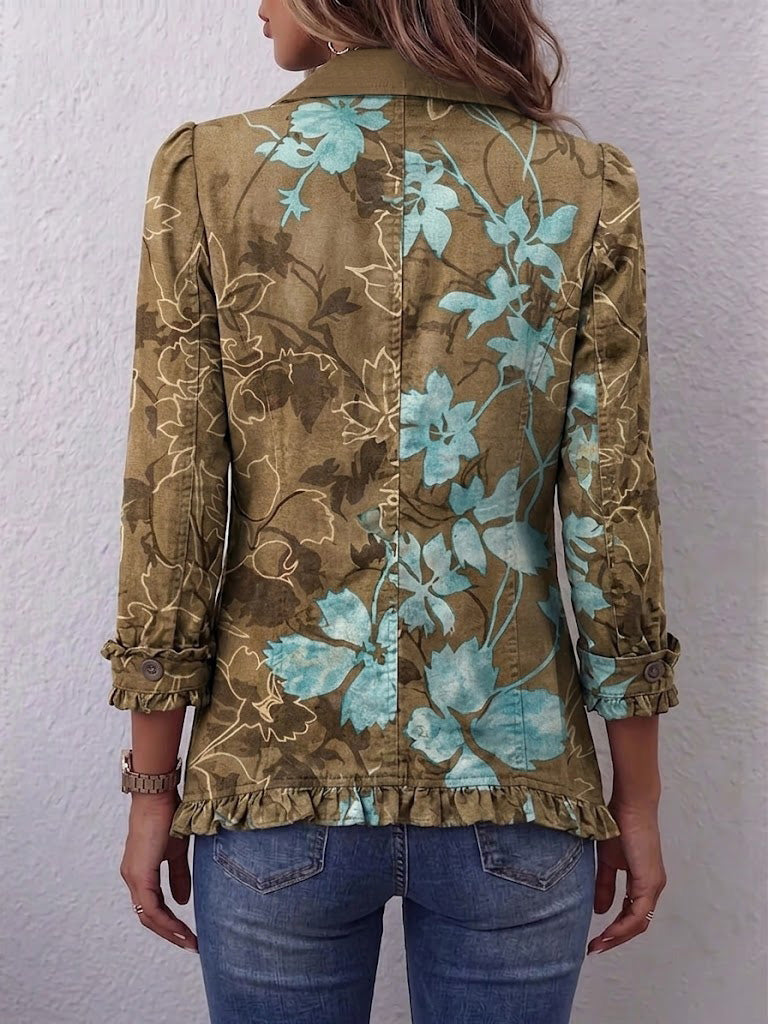 Jutta™ | Blazer in Olijf met Turquoise Bloemen