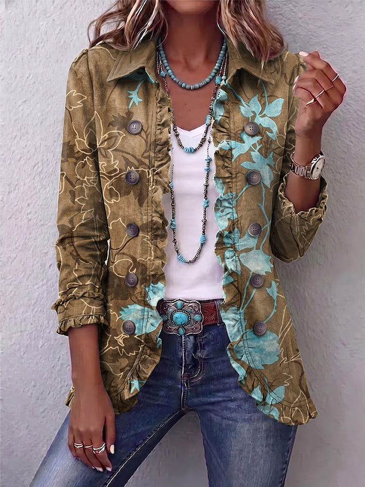 Jutta™ | Blazer in Olijf met Turquoise Bloemen
